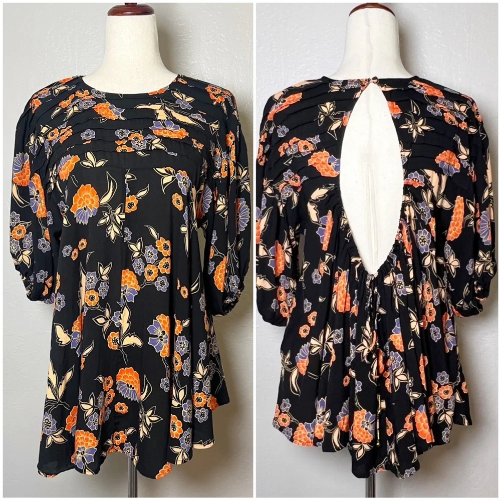 •FREE PEOPLE• Edie Oversized Open Back Hi Low Tunic‎ Top in Black Floral Size XS